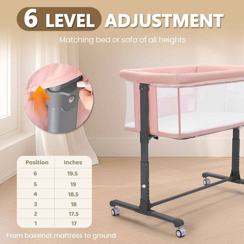 Baby Bassinet Bedside Sleeper, Newborn Baby Bedside Crib w/Wheels, All-Sided Mesh, Adjustable Height, Removable Soft Mattress, No Tool to Assemble, Pink