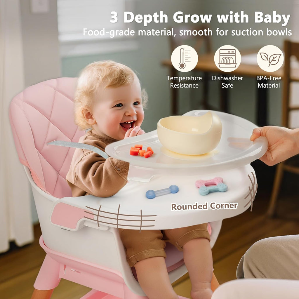 Kinder King 7 in 1 Baby High Chair for Babies and Toddlers with Large Storage Footrest, Booster Seat, Convertible Wooden High Chair with 3-Depth Double Dishwasher Safe Tray, 5 Point Harness, Pink