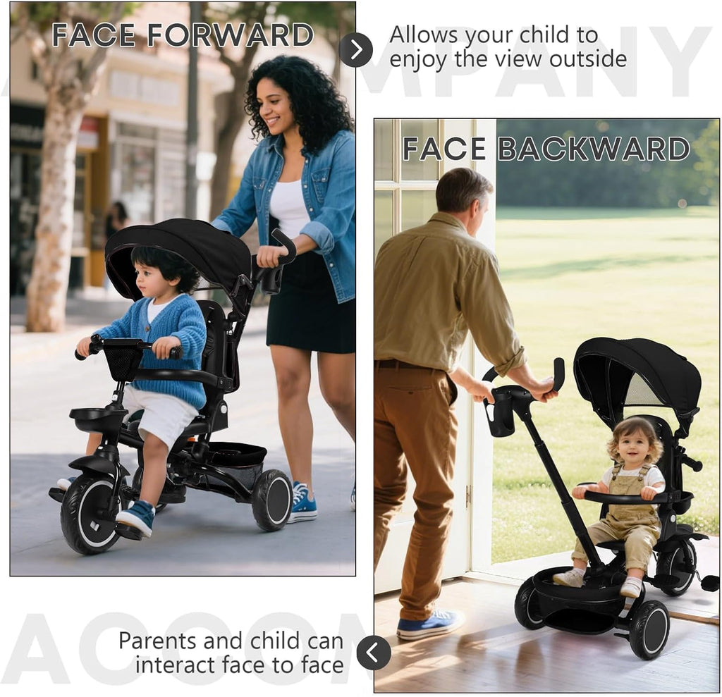Kinder King Kids Tricycle, 8 in 1 Folding Toddler Trike w/Adjustable Push Handle, Rotatable Seat, Adjustable Canopy, Bell, Five-Point Harness, Storage, Bike Tricycle for Toddlers 1-3, Black