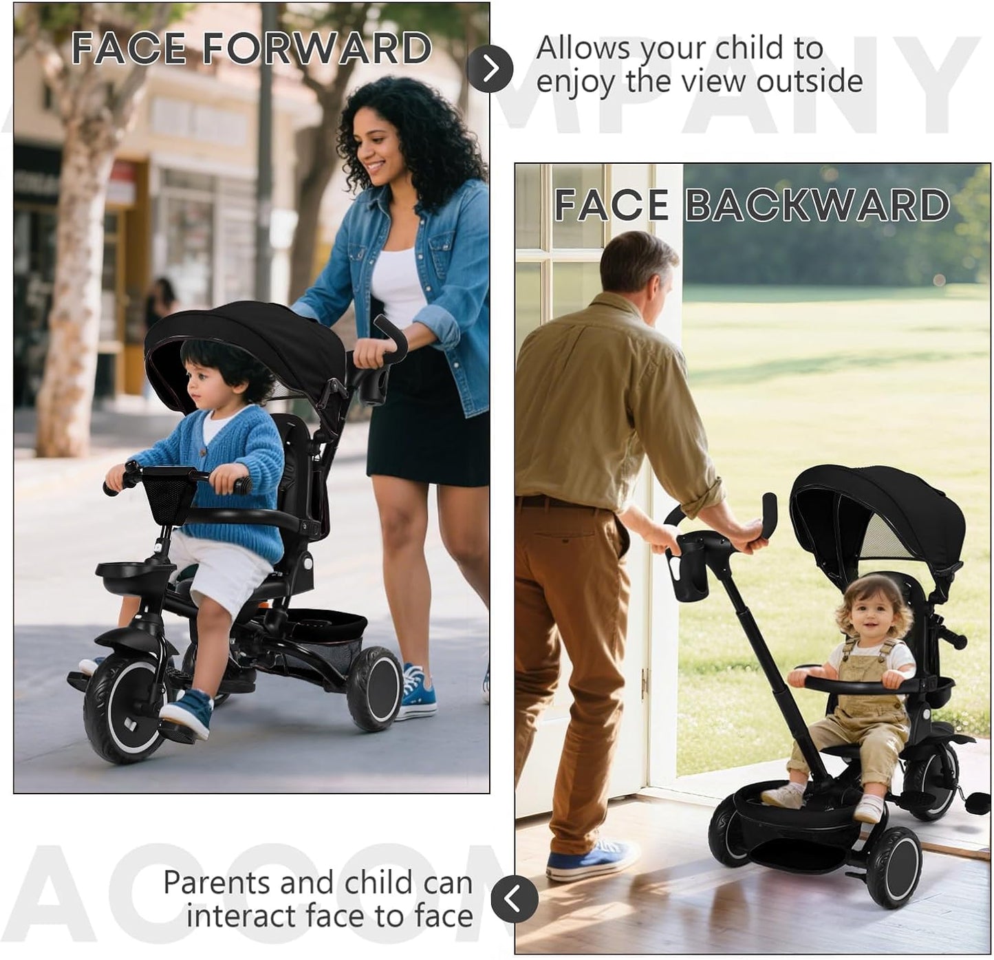 Kinder King Kids Tricycle, 8 in 1 Folding Toddler Trike w/Adjustable Push Handle, Rotatable Seat, Adjustable Canopy, Bell, Five-Point Harness, Storage, Bike Tricycle for Toddlers 1-3, Black