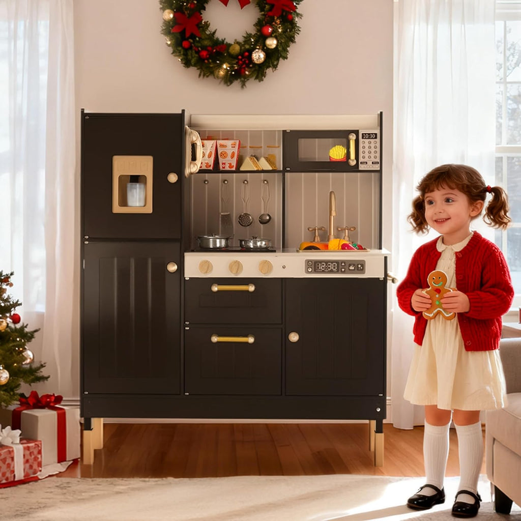 Wooden Kids Play Kitchen, Kitchen Playset for Toddler Kid, Play Kitchen Toy Set w/Real Sounds, Pretend Microwave Oven, Ice Maker, Telephone, Gift for Boys Girls Age 3+,Black