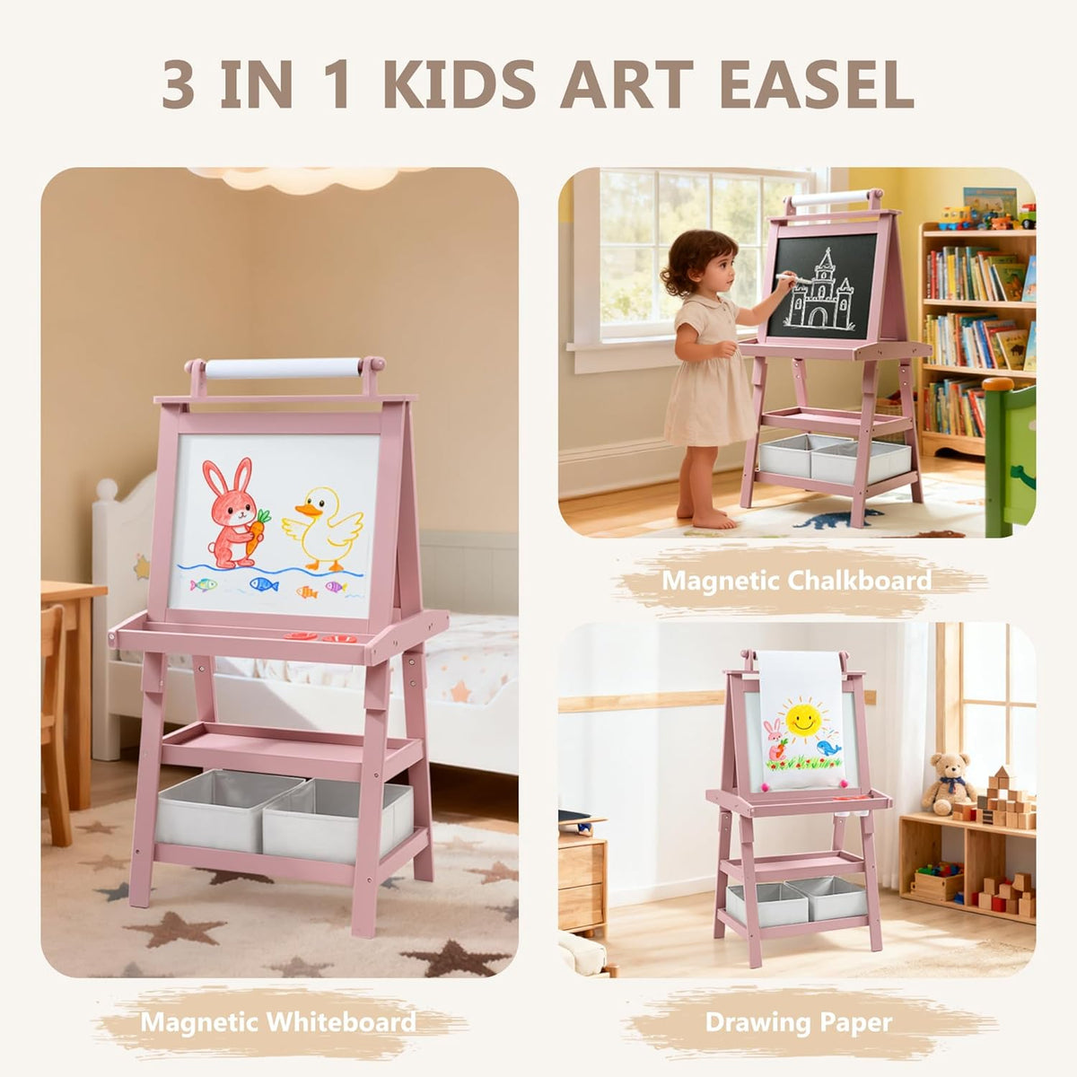 3 in 1 Kids Art Easel w/Storage, Double-Sided Magnetic Whiteboard & Chalkboard, Dry-Erase Board w/Paper Roller, Toddler Children Standing Easel for Painting & Drawing, Accessories, Pink