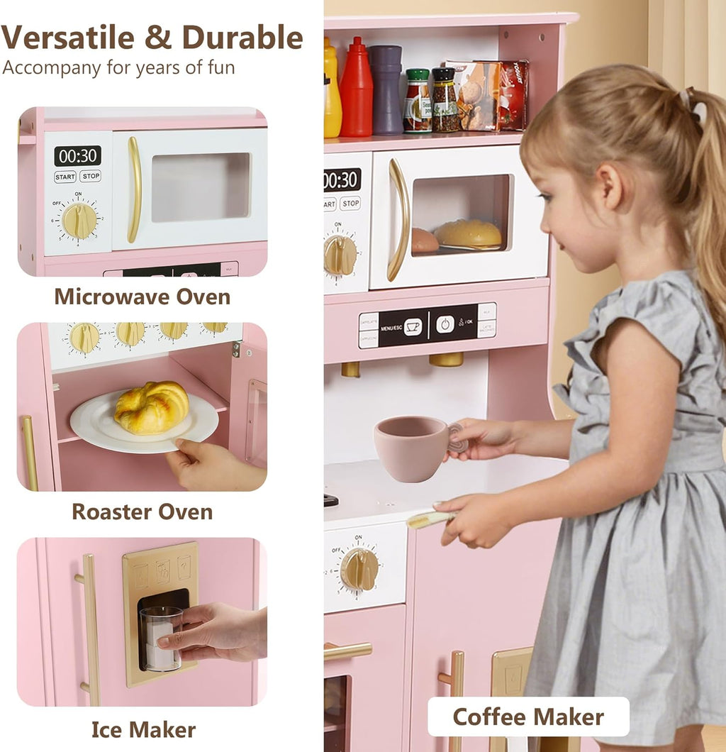 Wooden Kids Play Kitchen, Toy Kitchen Playset for Toddler, Play Kitchen Set w/Real Sounds, Pretend Coffee Machine, Kitchen Hood, Sink, Ice Maker, Gift for Boys Girls Age 3+, Pink