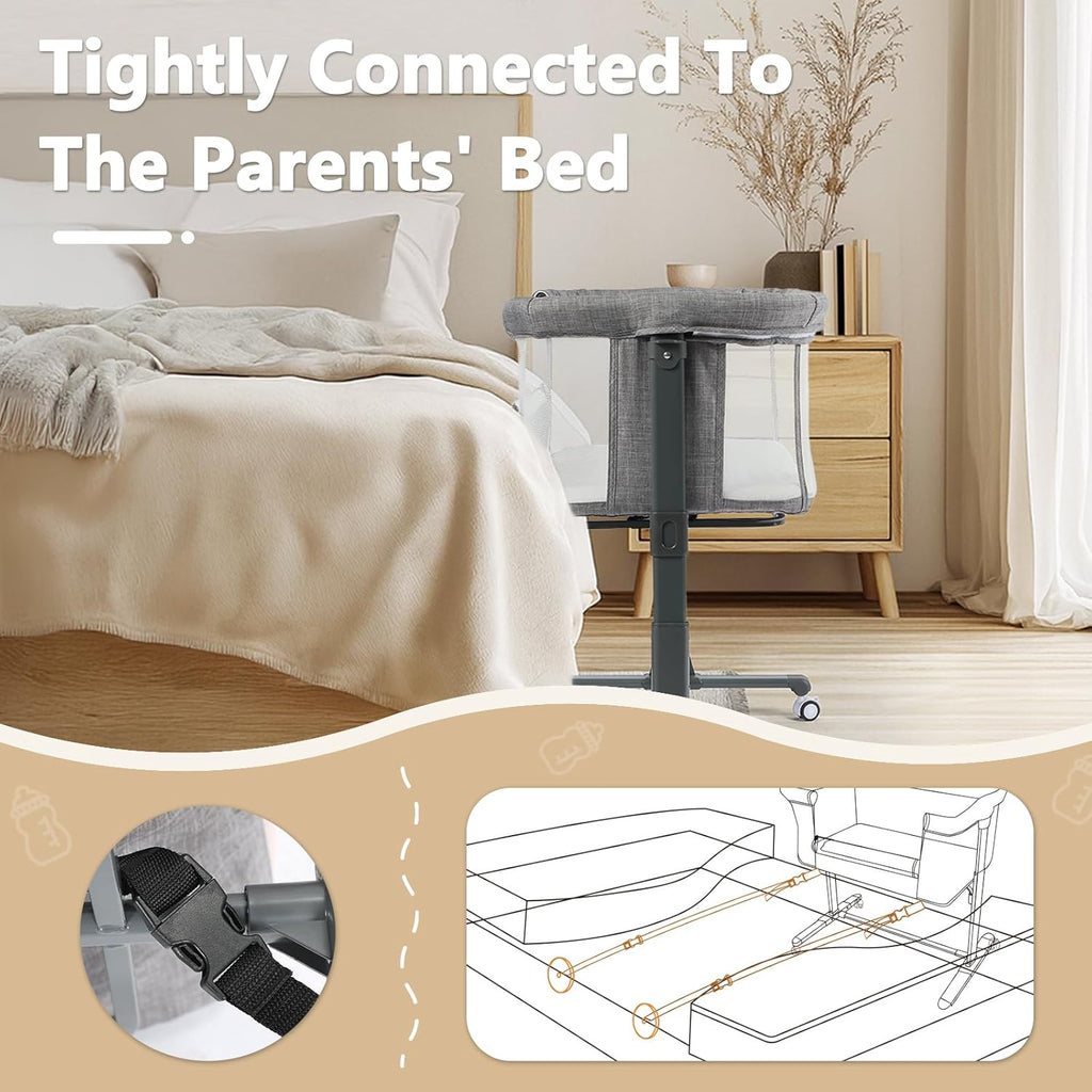 Baby Bassinet Bedside Sleeper, Newborn Baby Bedside Crib w/Wheels, All-Sided Mesh, Adjustable Height, Removable Soft Mattress, No Tool to Assemble, Grey