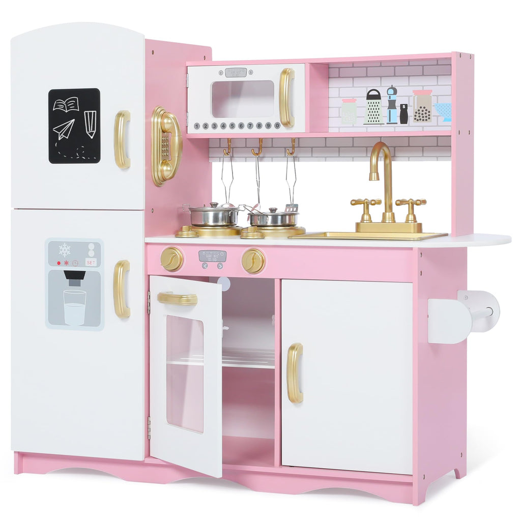 Wooden Kids Play Kitchen, Toy Kitchen Playset for Toddler, Pretend Oven, Microwave, Telephone, Chalkboard, Interactive Doors, Knobs, Realistic Kitchen Sets for Boys Girls Age 3+, Gold