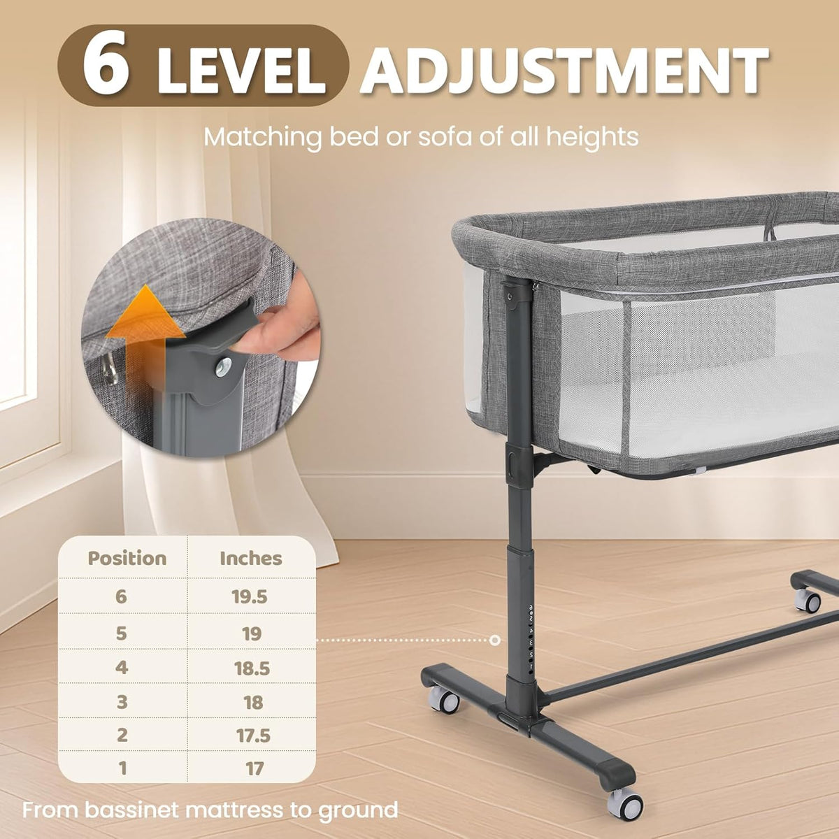 Baby Bassinet Bedside Sleeper, Newborn Baby Bedside Crib w/Wheels, All-Sided Mesh, Adjustable Height, Removable Soft Mattress, No Tool to Assemble, Grey