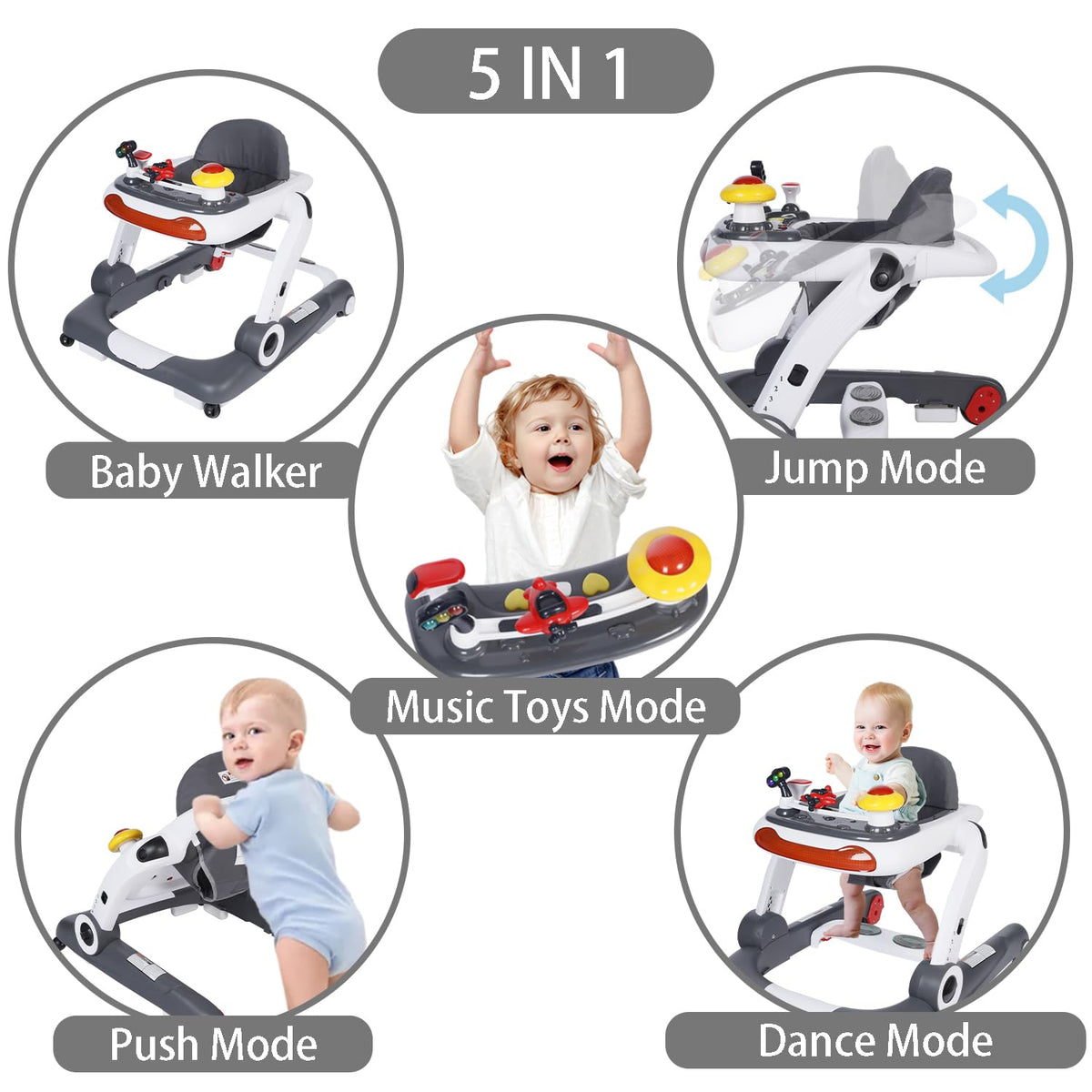 Kinder King Baby Walker with Music & Lights, 5 in 1 Baby Activity Walker with Wheel, Adjustable Height & Seat, Learning-Seated & Toddler Walk-Behind, Safety Bumper, Infant Walker Anti-Rollover, Grey