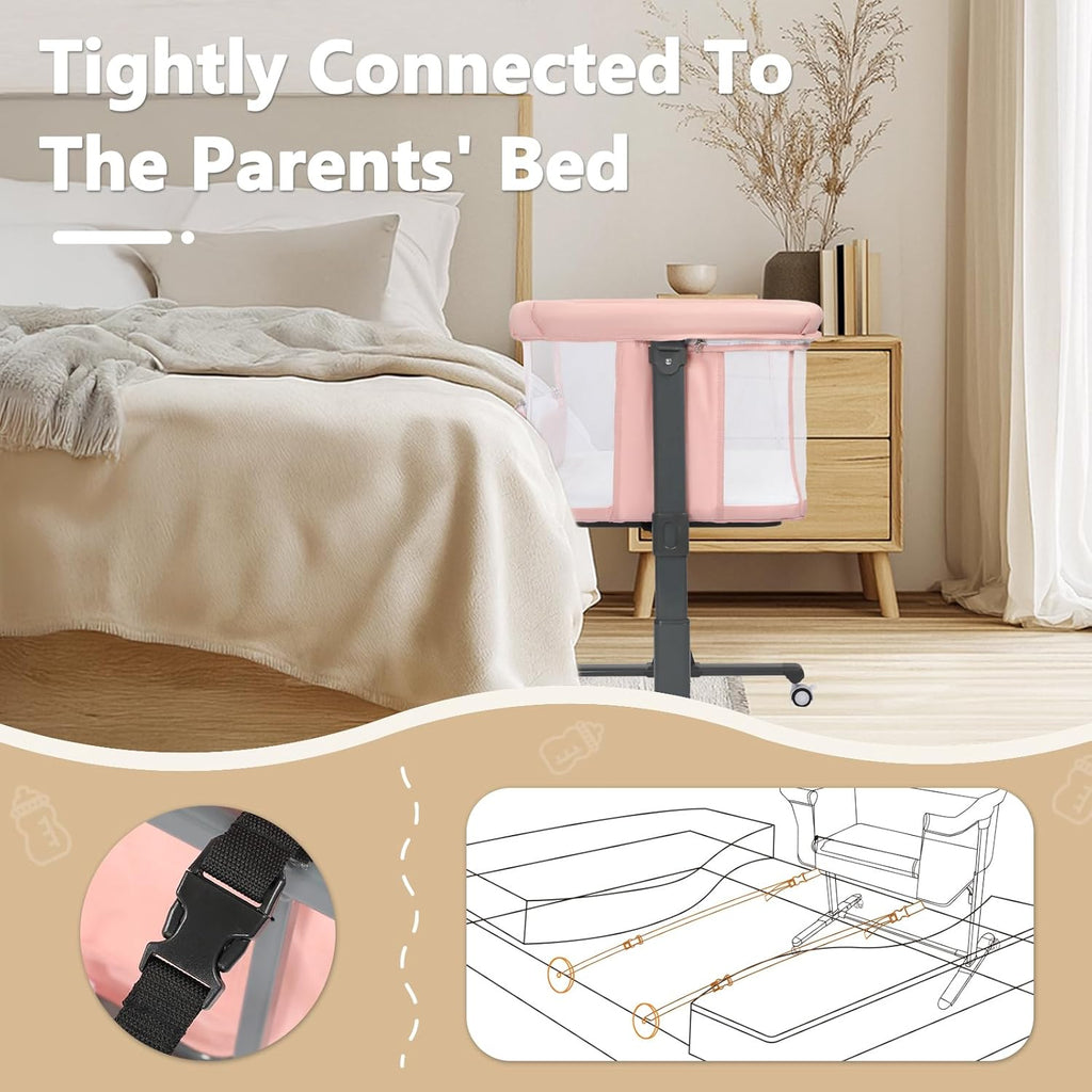 Baby Bassinet Bedside Sleeper, Newborn Baby Bedside Crib w/Wheels, All-Sided Mesh, Adjustable Height, Removable Soft Mattress, No Tool to Assemble, Pink