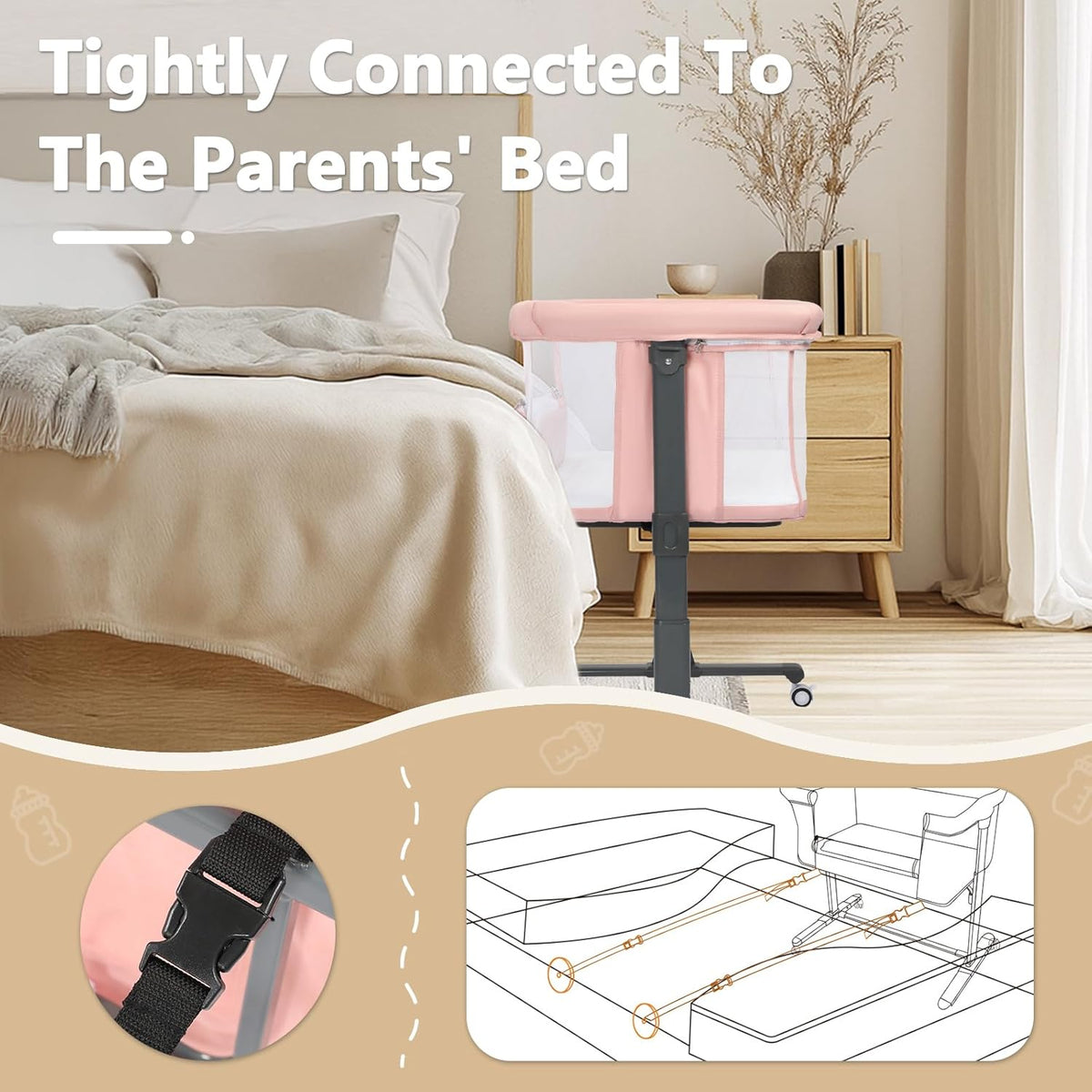 Baby Bassinet Bedside Sleeper, Newborn Baby Bedside Crib w/Wheels, All-Sided Mesh, Adjustable Height, Removable Soft Mattress, No Tool to Assemble, Pink