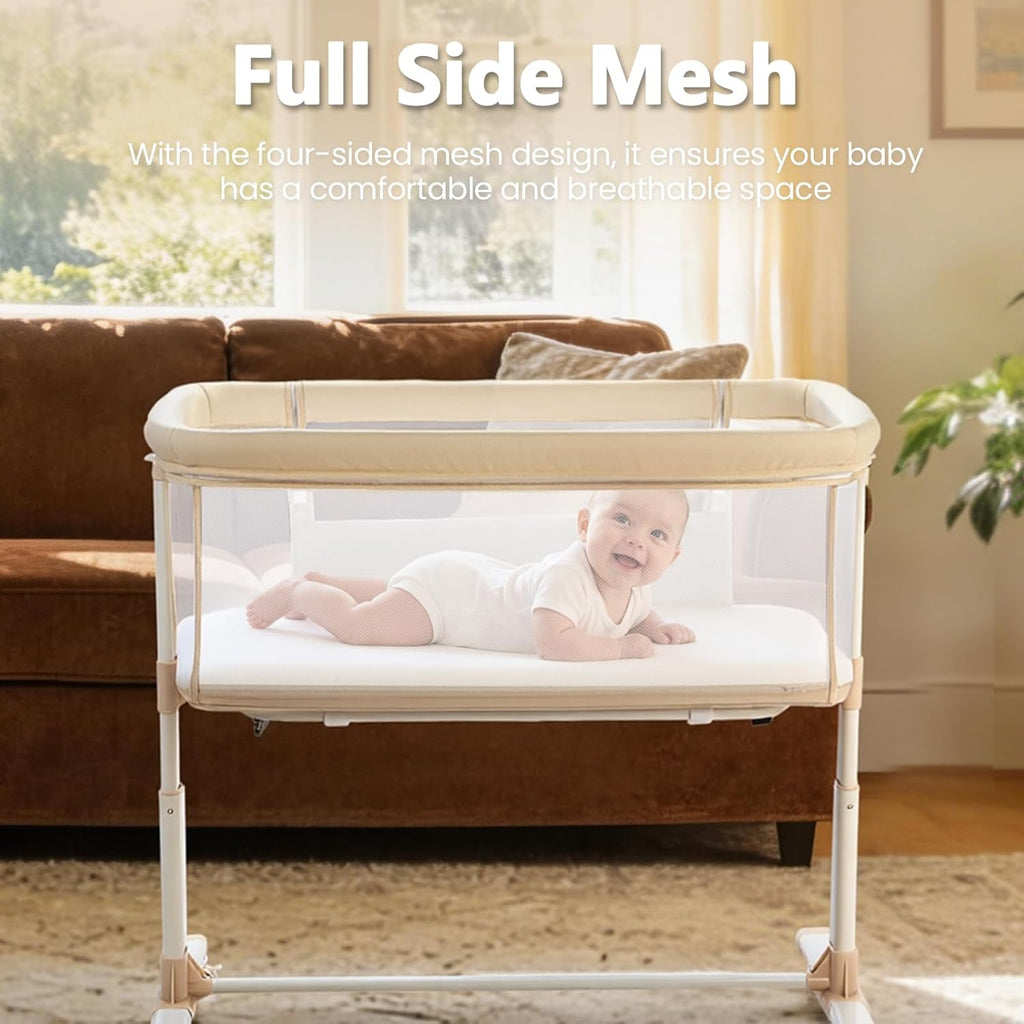 Baby Bassinet Bedside Sleeper, Newborn Baby Bedside Crib w/Wheels, All-Sided Mesh, Adjustable Height, Removable Soft Mattress, No Tool to Assemble, Beige