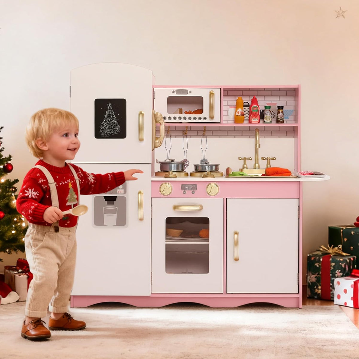 Wooden Kids Play Kitchen, Toy Kitchen Playset for Toddler, Pretend Oven, Microwave, Telephone, Chalkboard, Interactive Doors, Knobs, Realistic Kitchen Sets for Boys Girls Age 3+, Gold