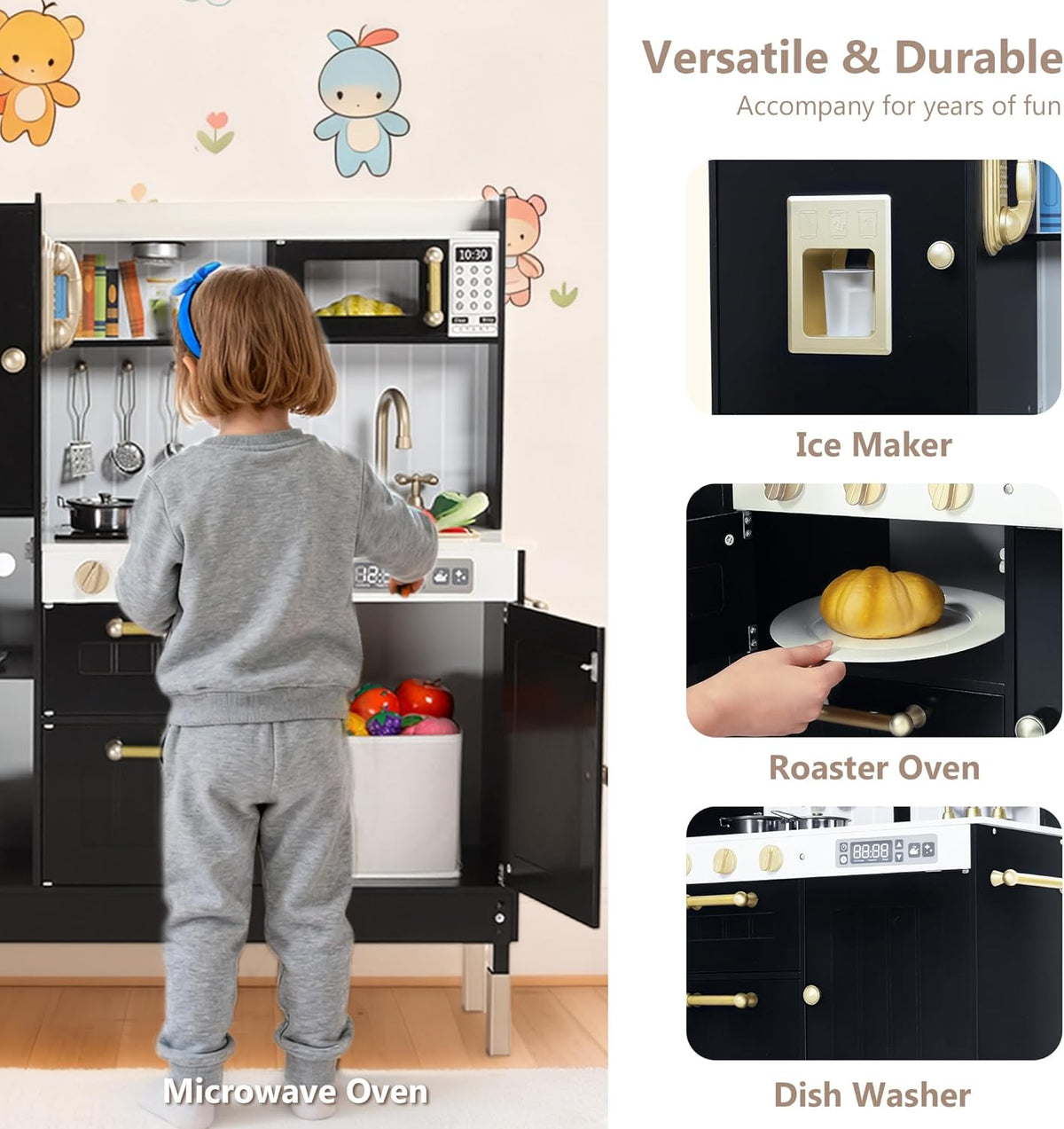 Wooden Kids Play Kitchen, Kitchen Playset for Toddler Kid, Play Kitchen Toy Set w/Real Sounds, Pretend Microwave Oven, Ice Maker, Telephone, Gift for Boys Girls Age 3+,Black