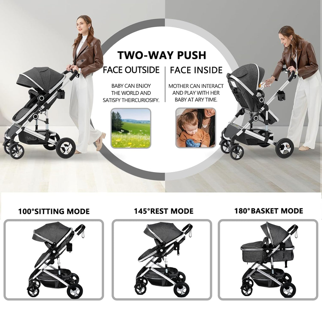 Kinder King 2 in 1 Convertible Baby Stroller, Folding High Landscape Infant Carriage, Newborn Reversible Pram, Diaper Bag, Anti-Shock Toddler Pushchair Stroller, Dark Grey