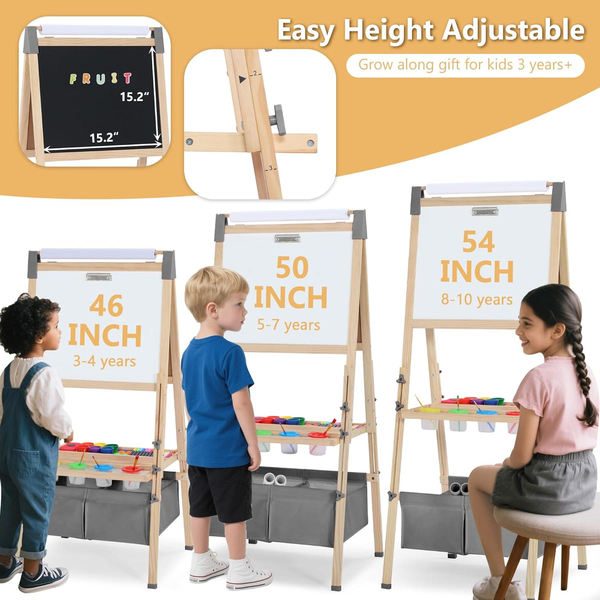 3 in 1 Wooden Kids Easel, Adjustable Art Easel for Kids, Double-Sided Magnetic Whiteboard & Chalkboard, Paper Roller, Art Supplies, Coloring Drawing Easel Toddler Gift Ages 3+, Grey