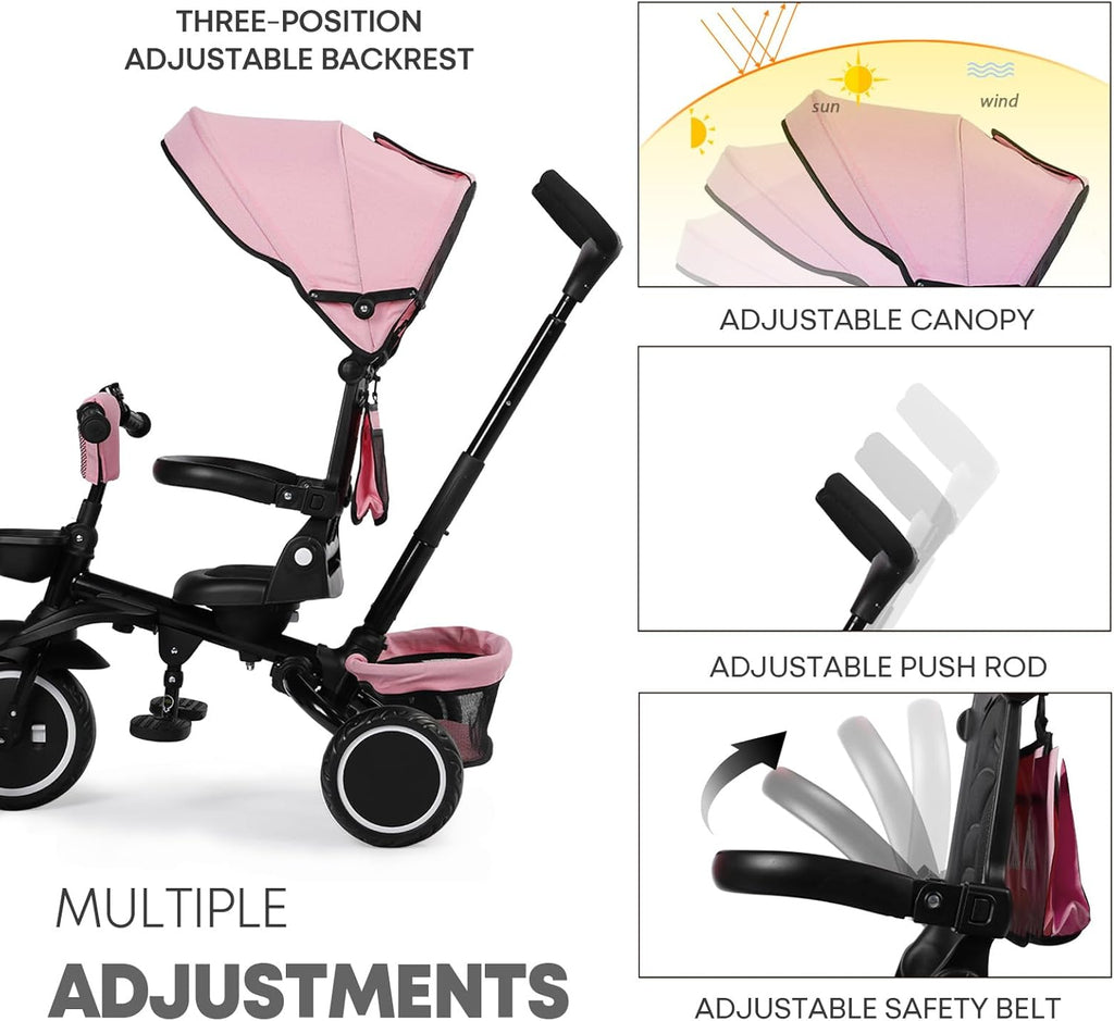 Kinder King Kids Tricycle, 8 in 1 Folding Toddler Trike w/Adjustable Push Handle, Rotatable Seat, Adjustable Canopy, Bell, Five-Point Harness, Storage, Bike Tricycle for Toddlers 1-3, Pink
