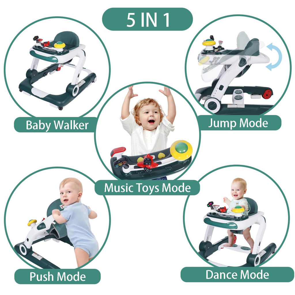 Kinder King Baby Walker with Music & Lights, 5 in 1 Baby Activity Walker with Wheel, Adjustable Height & Seat, Learning-Seated & Toddler Walk-Behind, Safety Bumper, Infant Walker Anti-Rollover, Green