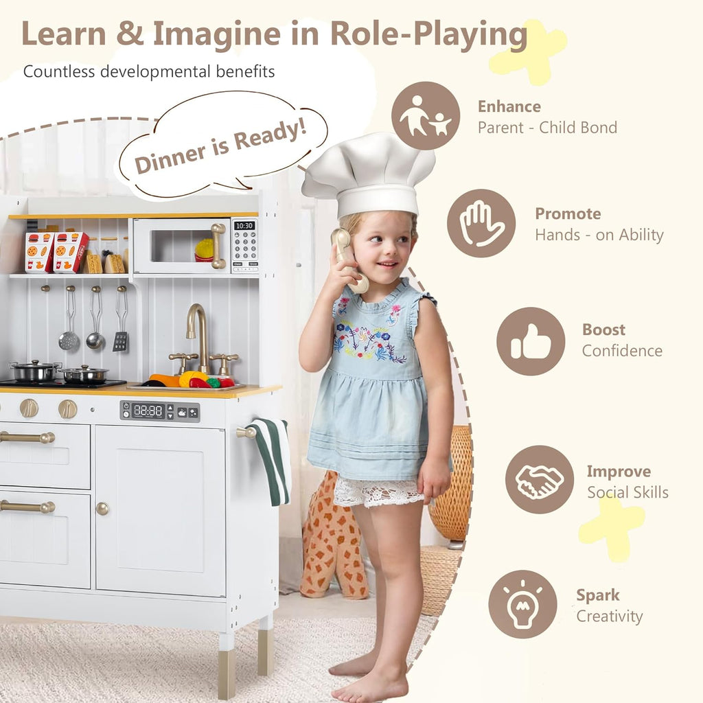 Wooden Kids Play Kitchen, Kitchen Playset for Toddler Kid, Play Kitchen Toy Set w/Real Sounds, Pretend Microwave Oven, Ice Maker, Telephone, Gift for Boys Girls Age 3+, White