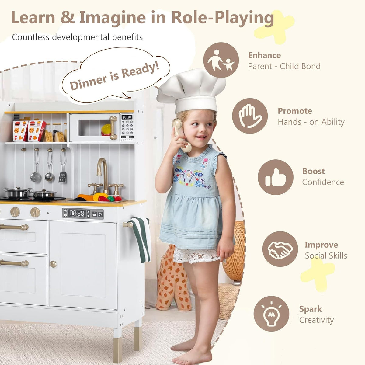 Wooden Kids Play Kitchen, Kitchen Playset for Toddler Kid, Play Kitchen Toy Set w/Real Sounds, Pretend Microwave Oven, Ice Maker, Telephone, Gift for Boys Girls Age 3+, White