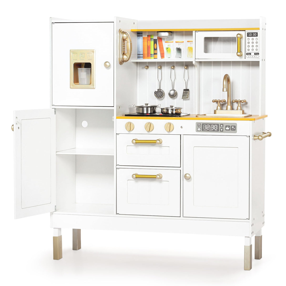 Wooden Kids Play Kitchen, Kitchen Playset for Toddler Kid, Play Kitchen Toy Set w/Real Sounds, Pretend Microwave Oven, Ice Maker, Telephone, Gift for Boys Girls Age 3+, White
