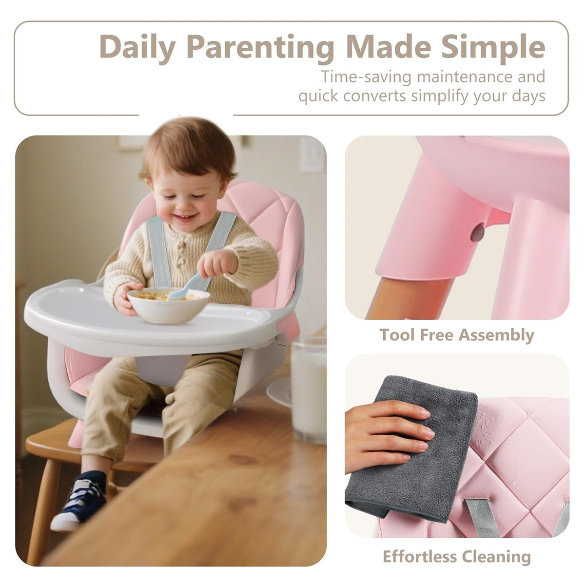 Kinder King 7 in 1 Baby High Chair for Babies and Toddlers with Large Storage Footrest, Booster Seat, Convertible Wooden High Chair with 3-Depth Double Dishwasher Safe Tray, 5 Point Harness, Pink