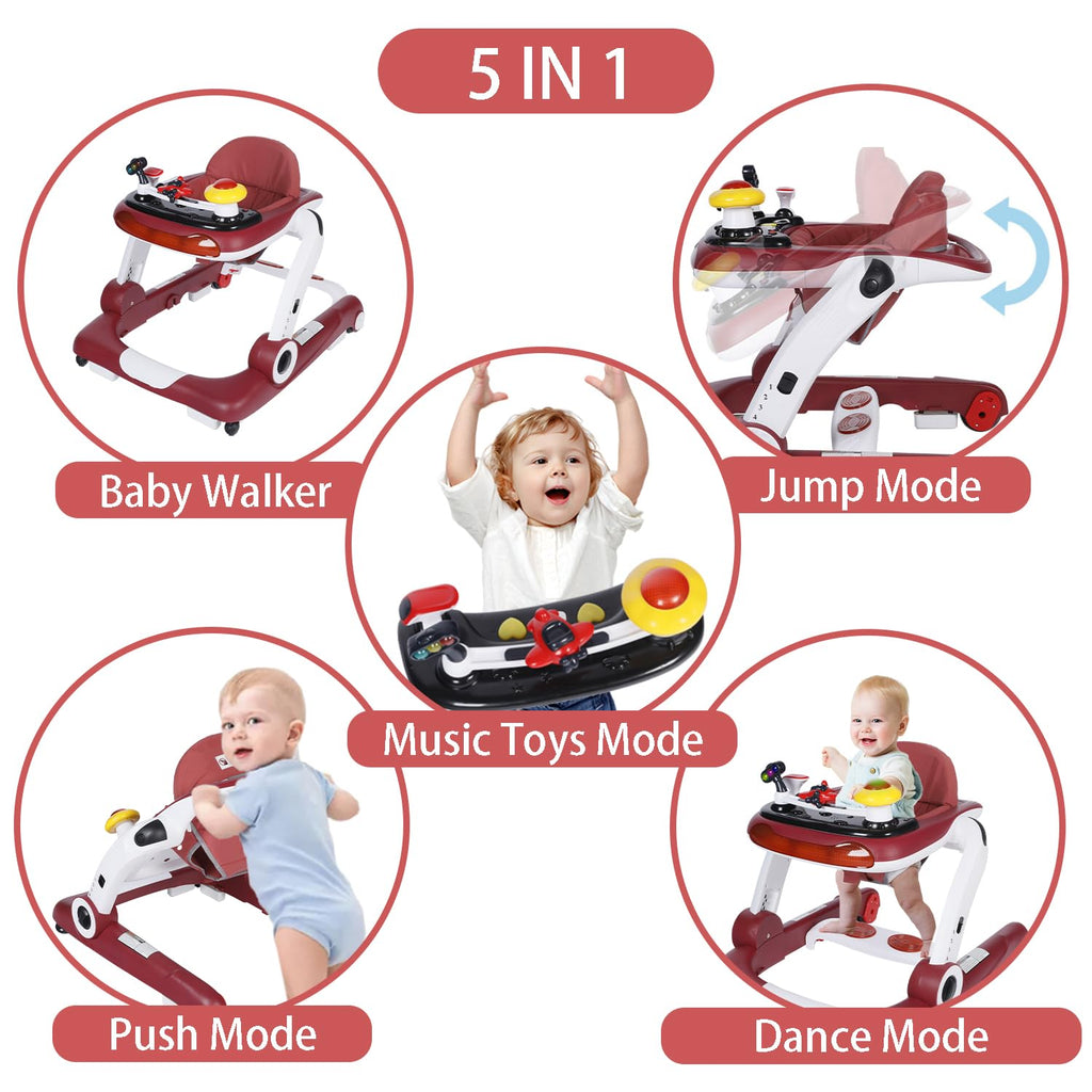Kinder King Baby Walker with Music & Lights, 5 in 1 Baby Activity Walker with Wheel, Adjustable Height & Seat, Learning-Seated & Toddler Walk-Behind, Safety Bumper, Infant Walker Anti-Rollover, Red