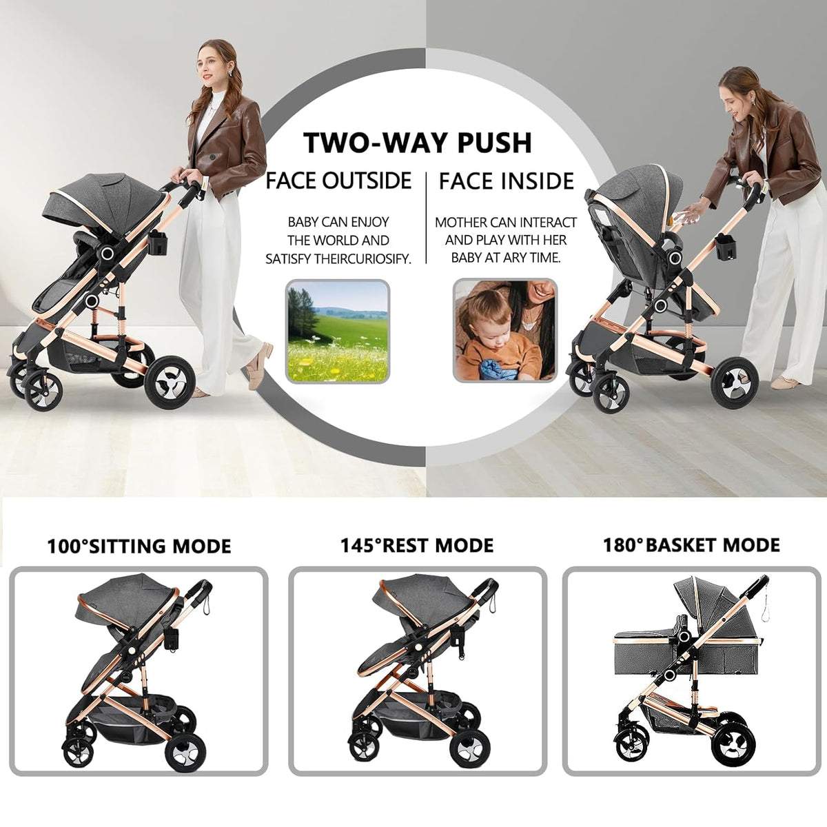 Kinder King 2 in 1 Convertible Baby Stroller, Folding High Landscape Infant Carriage, Newborn Reversible Pram, Adjustable Canopy, Diaper Bag, Anti-Shock Toddler Pushchair Stroller, Gold