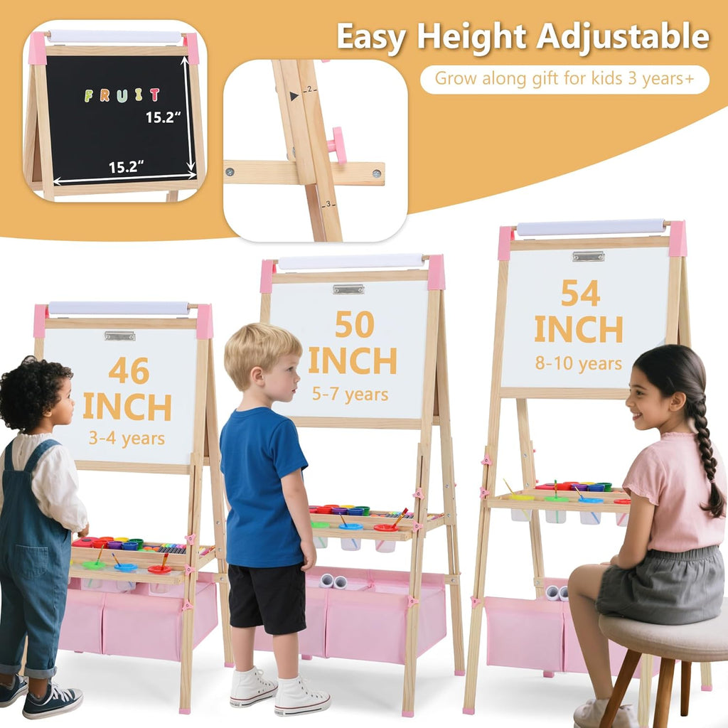 3 in 1 Wooden Kids Easel, Adjustable Double-Sided Art Easel for Kids, Magnetic Whiteboard & Chalkboard, Paper Roller, Art Supplies, Painting Drawing Easel Toddler, Pink