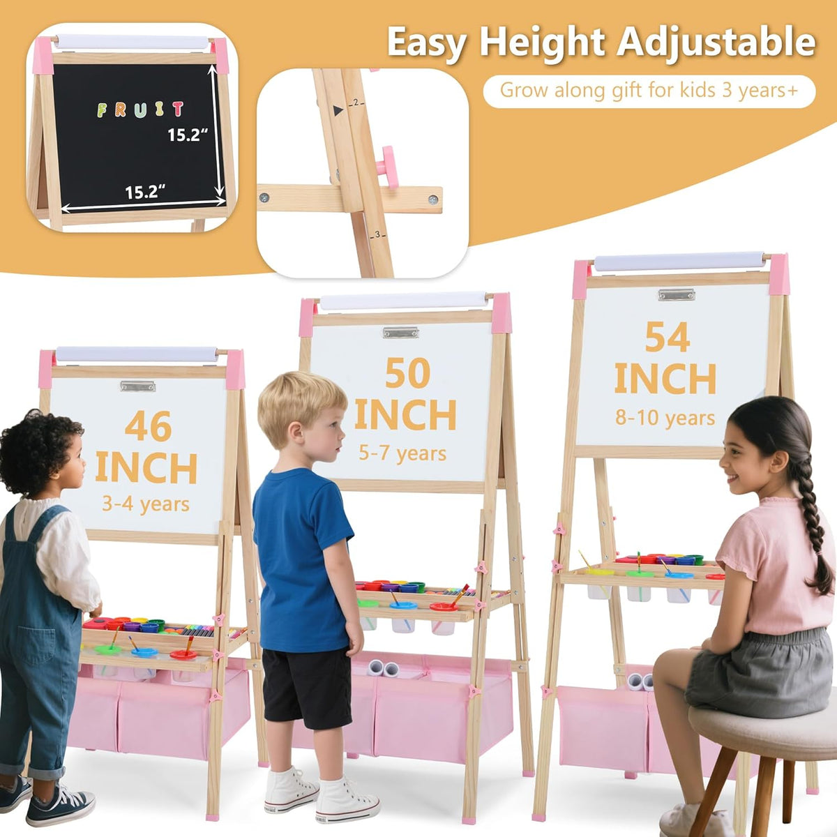 3 in 1 Wooden Kids Easel, Adjustable Double-Sided Art Easel for Kids, Magnetic Whiteboard & Chalkboard, Paper Roller, Art Supplies, Painting Drawing Easel Toddler, Pink