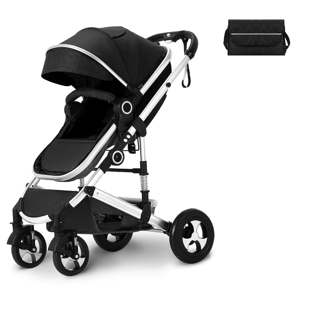 Kinder King 2 in 1 Convertible Baby Stroller, Folding High Landscape Infant Carriage, Adjustable Canopy, Diaper Bag, Anti-Shock Toddler Pushchair Stroller, Black