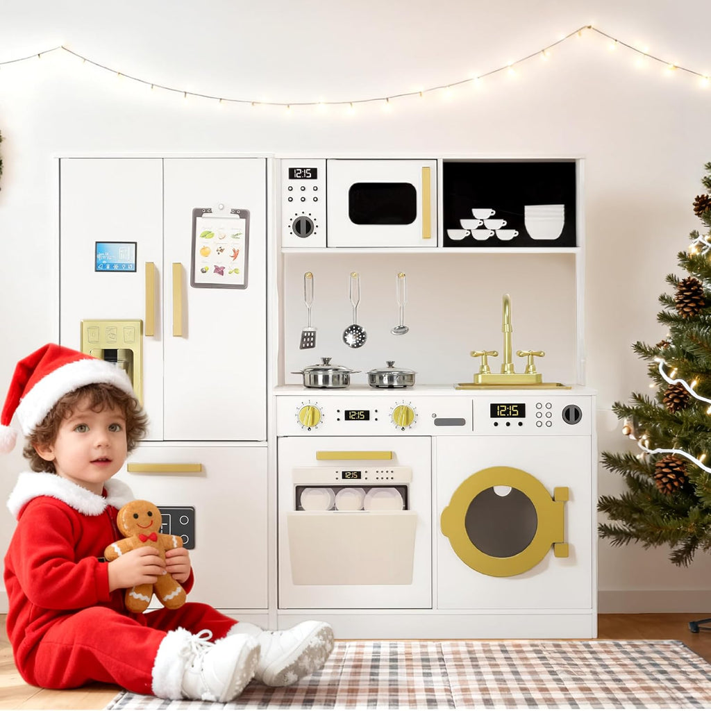 Wooden Kids Play Kitchen, Toy Kitchen Playset for Toddler, Play Kitchen Set w/Transparent Coloring Board, Pretend Fridge, Washing Machine, Ice Maker, Gift for Boys Girls Age 3+, White
