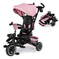 Kinder King Kids Tricycle, 8 in 1 Folding Toddler Trike w/Adjustable Push Handle, Rotatable Seat, Adjustable Canopy, Bell, Five-Point Harness, Storage, Bike Tricycle for Toddlers 1-3, Pink