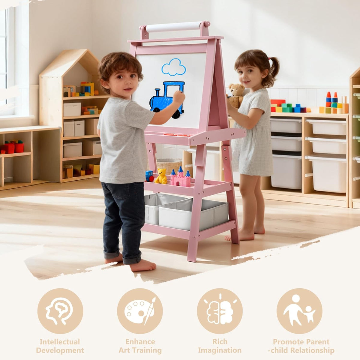 3 in 1 Kids Art Easel w/Storage, Double-Sided Magnetic Whiteboard & Chalkboard, Dry-Erase Board w/Paper Roller, Toddler Children Standing Easel for Painting & Drawing, Accessories, Pink
