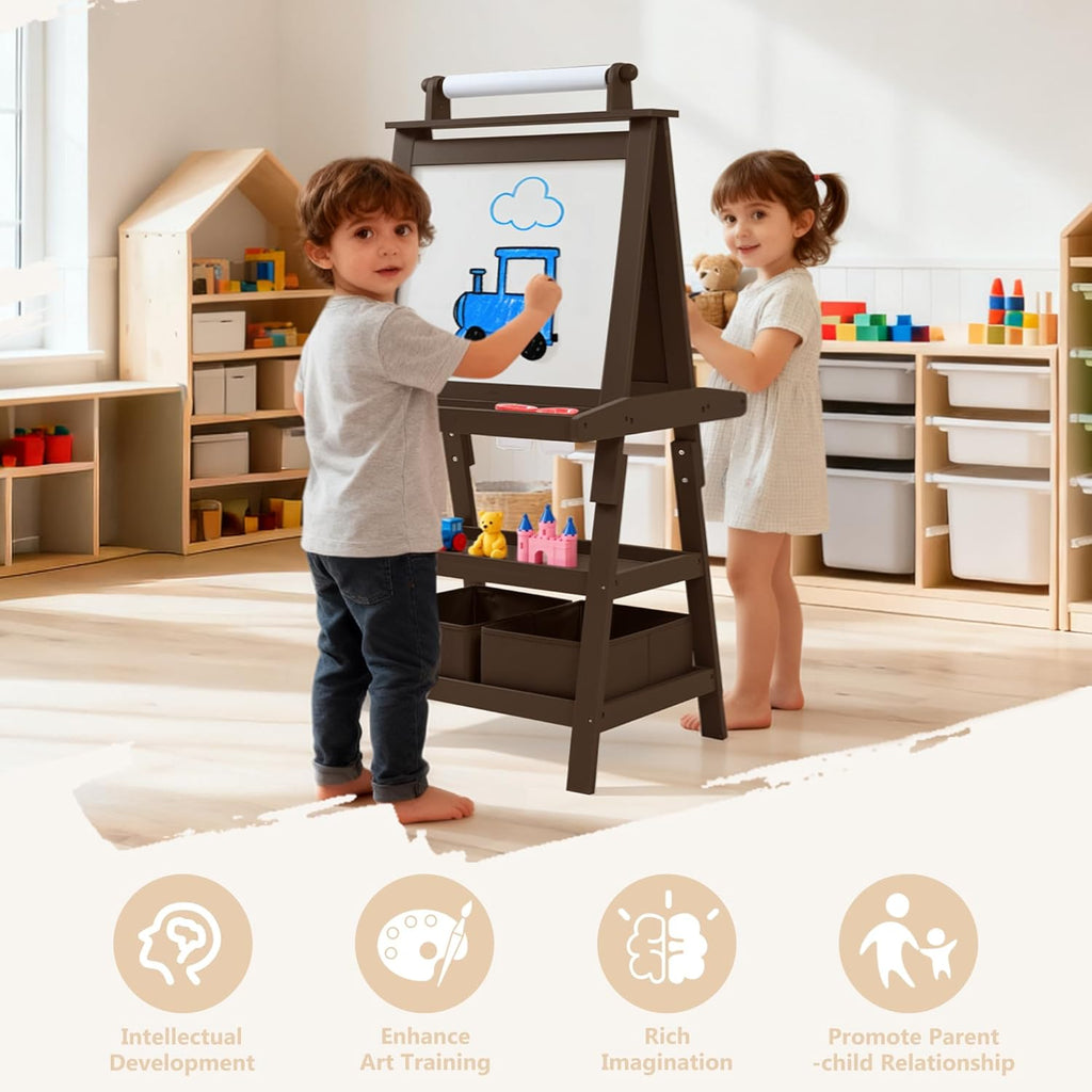 3 in 1 Kids Art Easel w/Storage, Double-Sided Magnetic Whiteboard & Chalkboard, Dry-Erase Board w/Paper Roller, Toddler Children Standing Easel for Painting & Drawing, Accessories, Coffee