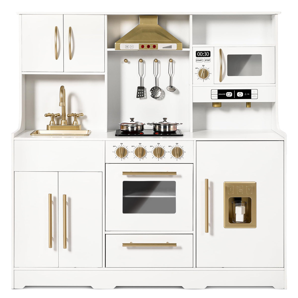 Wooden Kids Play Kitchen, Toy Kitchen Playset for Toddler, Play Kitchen Set w/Real Sounds, Pretend Coffee Machine, Kitchen Hood, Sink, Ice Maker, Gift for Boys Girls Age 3+, White