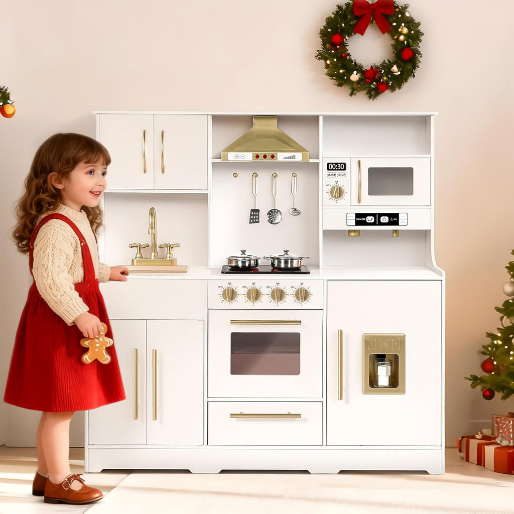 Wooden Kids Play Kitchen, Toy Kitchen Playset for Toddler, Play Kitchen Set w/Real Sounds, Pretend Coffee Machine, Kitchen Hood, Sink, Ice Maker, Gift for Boys Girls Age 3+, White