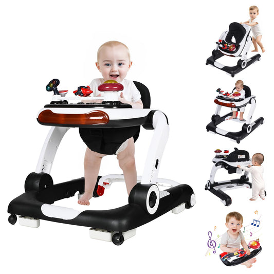 Kinder King Baby Walker with Music & Lights, 5 in 1 Baby Activity Walker with Wheel, Adjustable Height & Seat, Learning-Seated & Toddler Walk-Behind, Safety Bumper, Infant Walker Anti-Rollover, Black
