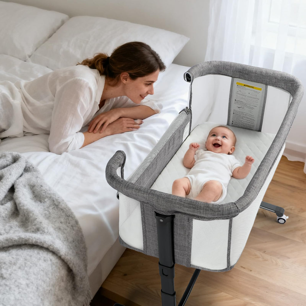 Baby Bassinet Bedside Sleeper, Newborn Baby Bedside Crib w/Wheels, All-Sided Mesh, Adjustable Height, Removable Soft Mattress, No Tool to Assemble, Grey