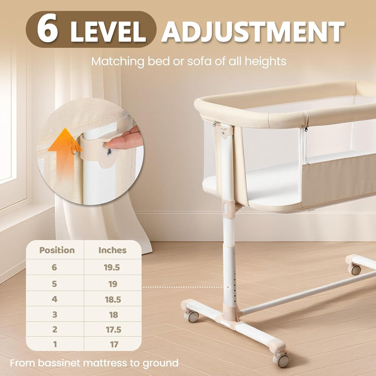 Baby Bassinet Bedside Sleeper, Newborn Baby Bedside Crib w/Wheels, All-Sided Mesh, Adjustable Height, Removable Soft Mattress, No Tool to Assemble, Beige