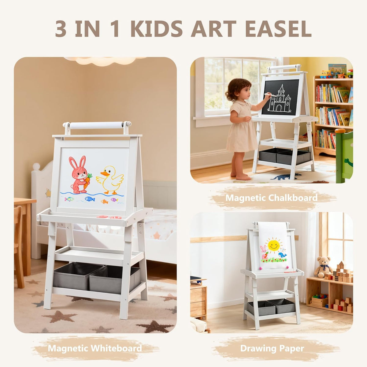 3 in 1 Kids Art Easel w/Storage, Double-Sided Magnetic Whiteboard & Chalkboard, Dry-Erase Board w/Paper Roller, Toddler Children Standing Easel for Painting & Drawing, Accessories, White