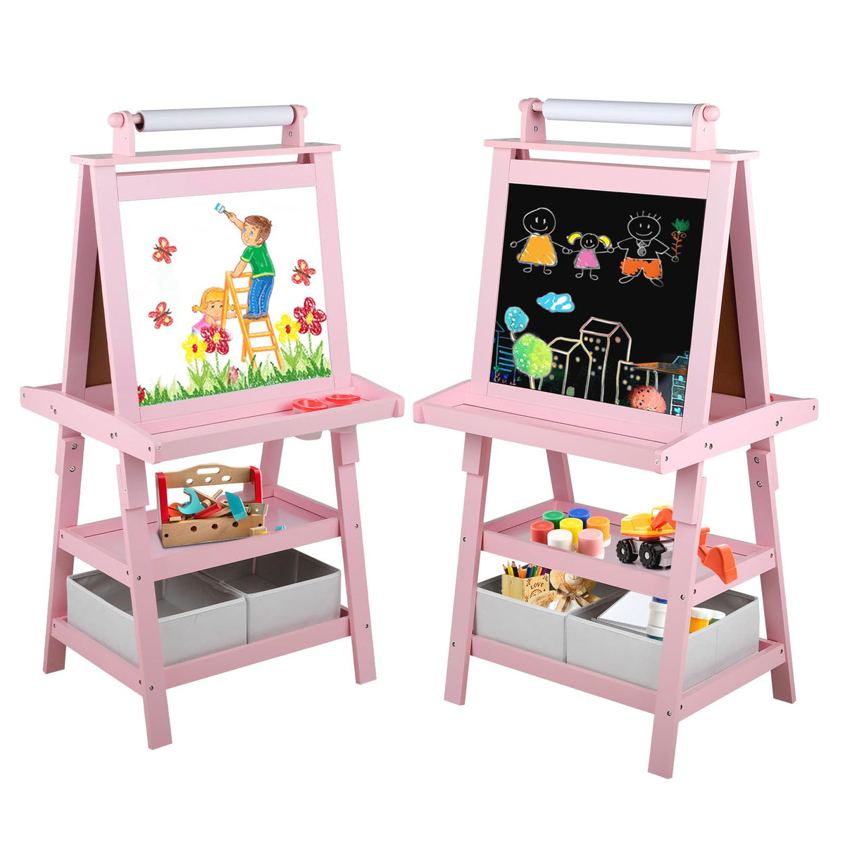 3 in 1 Kids Art Easel w/Storage, Double-Sided Magnetic Whiteboard & Chalkboard, Dry-Erase Board w/Paper Roller, Toddler Children Standing Easel for Painting & Drawing, Accessories, Pink