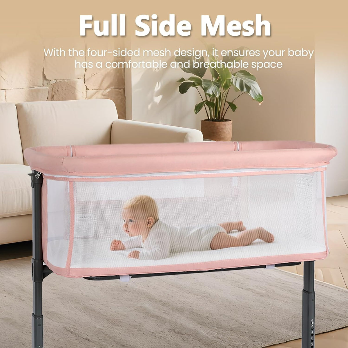 Baby Bassinet Bedside Sleeper, Newborn Baby Bedside Crib w/Wheels, All-Sided Mesh, Adjustable Height, Removable Soft Mattress, No Tool to Assemble, Pink