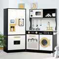 Wooden Kids Play Kitchen, Toy Kitchen Playset for Toddler, Play Kitchen Set w/Transparent Coloring Board, Pretend Fridge, Washing Machine, Ice Maker, Gift for Boys Girls Age 3+, Black