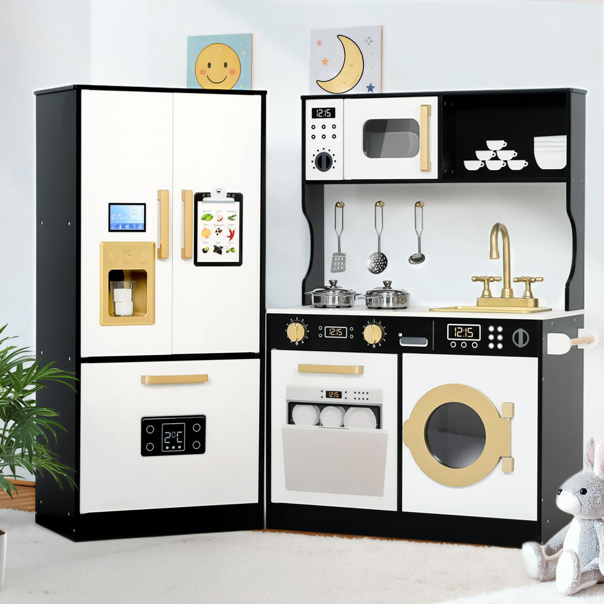 Wooden Kids Play Kitchen, Toy Kitchen Playset for Toddler, Play Kitchen Set w/Transparent Coloring Board, Pretend Fridge, Washing Machine, Ice Maker, Gift for Boys Girls Age 3+, Black