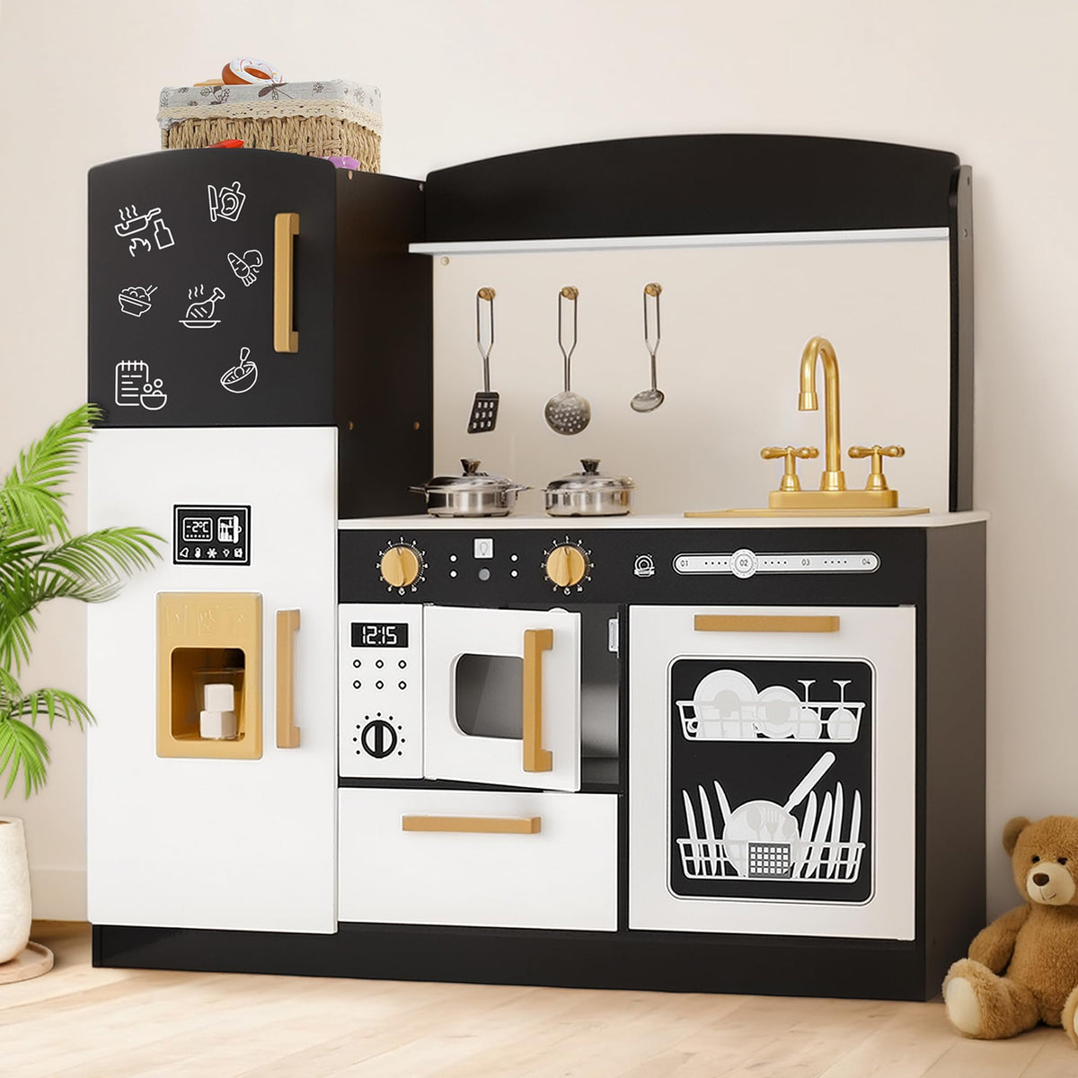 Wooden Kids Play Kitchen, Toy Kitchen Playset for Toddler, Play Kitchen Set w/Blackboard, Transparent Coloring Board, Pretend Dishwasher, Oven, Ice Maker, Gift for Boys Girls Age 3+, Black