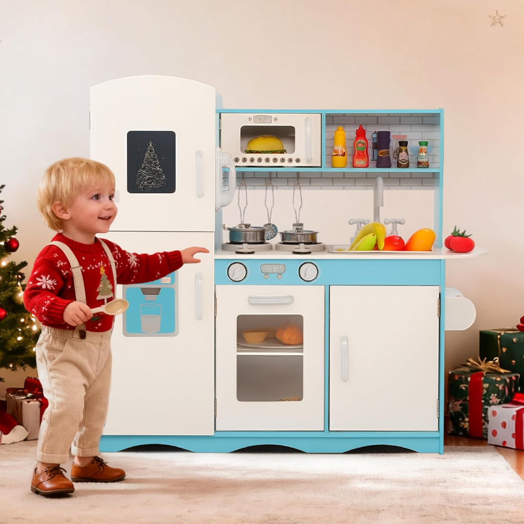 Wooden Kids Play Kitchen, Toy Kitchen Playset for Toddler, Pretend Oven, Microwave, Telephone, Chalkboard, Interactive Doors, Knobs, Realistic Kitchen Sets for Boys Girls Age 3+, Blue