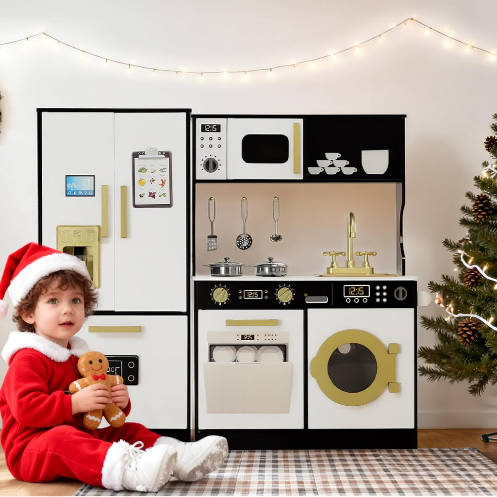 Wooden Kids Play Kitchen, Toy Kitchen Playset for Toddler, Play Kitchen Set w/Transparent Coloring Board, Pretend Fridge, Washing Machine, Ice Maker, Gift for Boys Girls Age 3+, Black