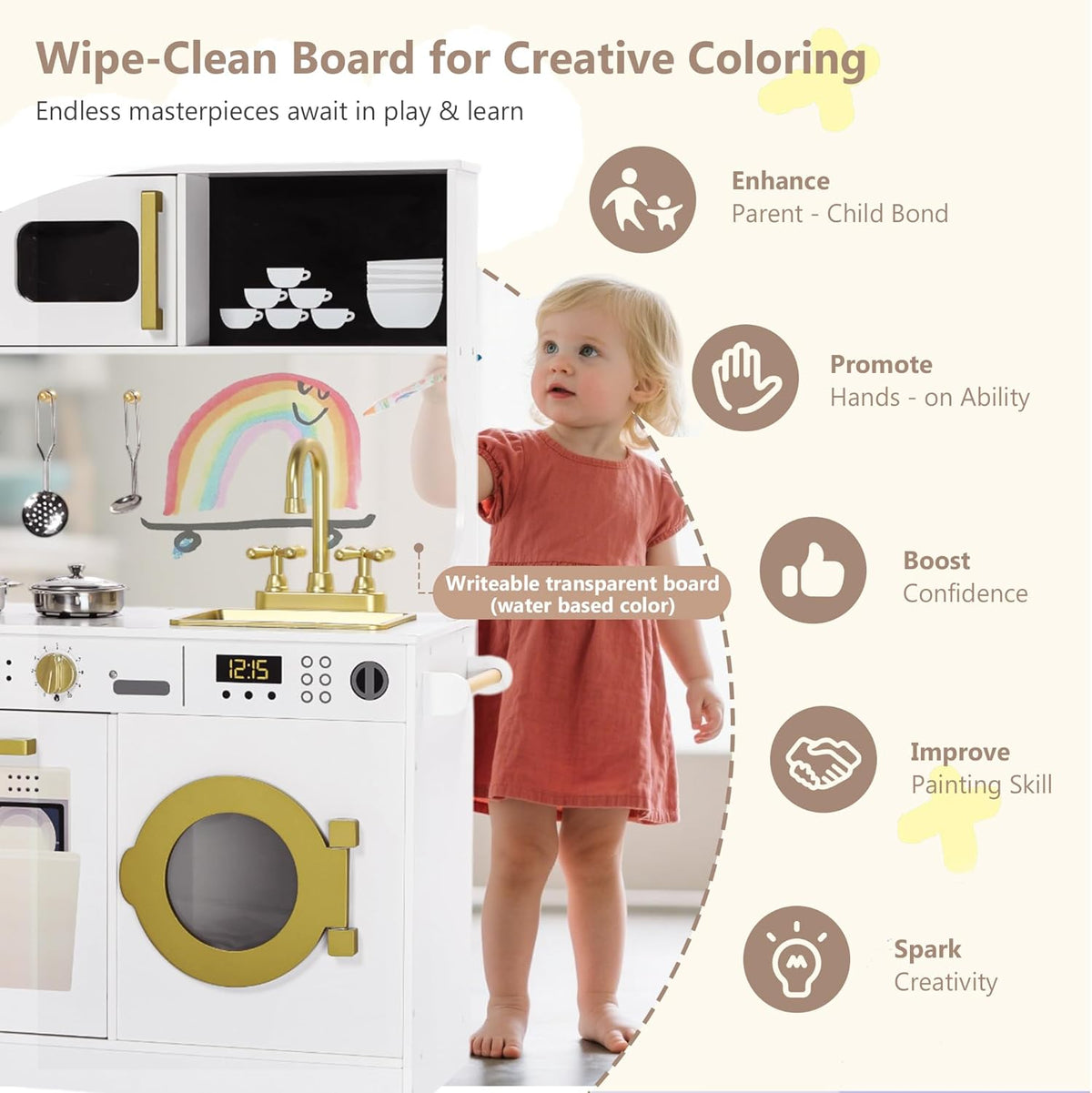 Wooden Kids Play Kitchen, Toy Kitchen Playset for Toddler, Play Kitchen Set w/Transparent Coloring Board, Pretend Fridge, Washing Machine, Ice Maker, Gift for Boys Girls Age 3+, White