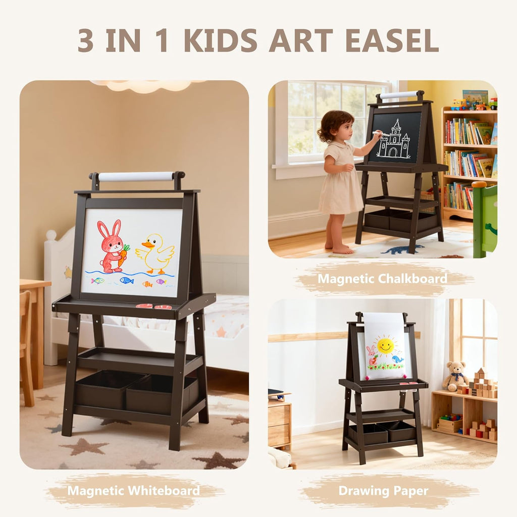 3 in 1 Kids Art Easel w/Storage, Double-Sided Magnetic Whiteboard & Chalkboard, Dry-Erase Board w/Paper Roller, Toddler Children Standing Easel for Painting & Drawing, Accessories, Coffee