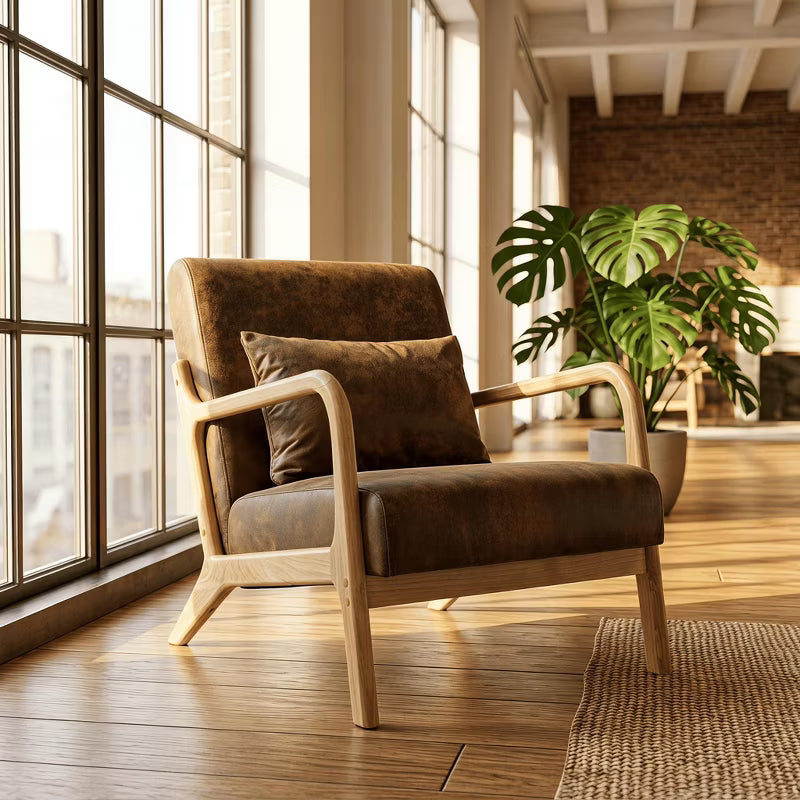 Mid Century Modern Accent Chair with Wood Frame, Upholstered Living Room Chairs with Waist Cushion, Reading Armchair for Bedroom Sunroom