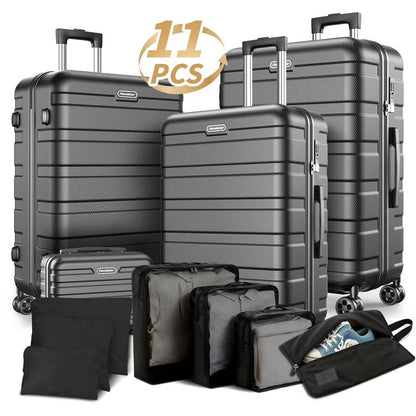 11-Piece Luggage Set: 4 Hardside Spinner Suitcases (14/20/24/28") + 7 Packing Cubes, Durable ABS+PC Lightweight Carry On Travel Set for Family, Black